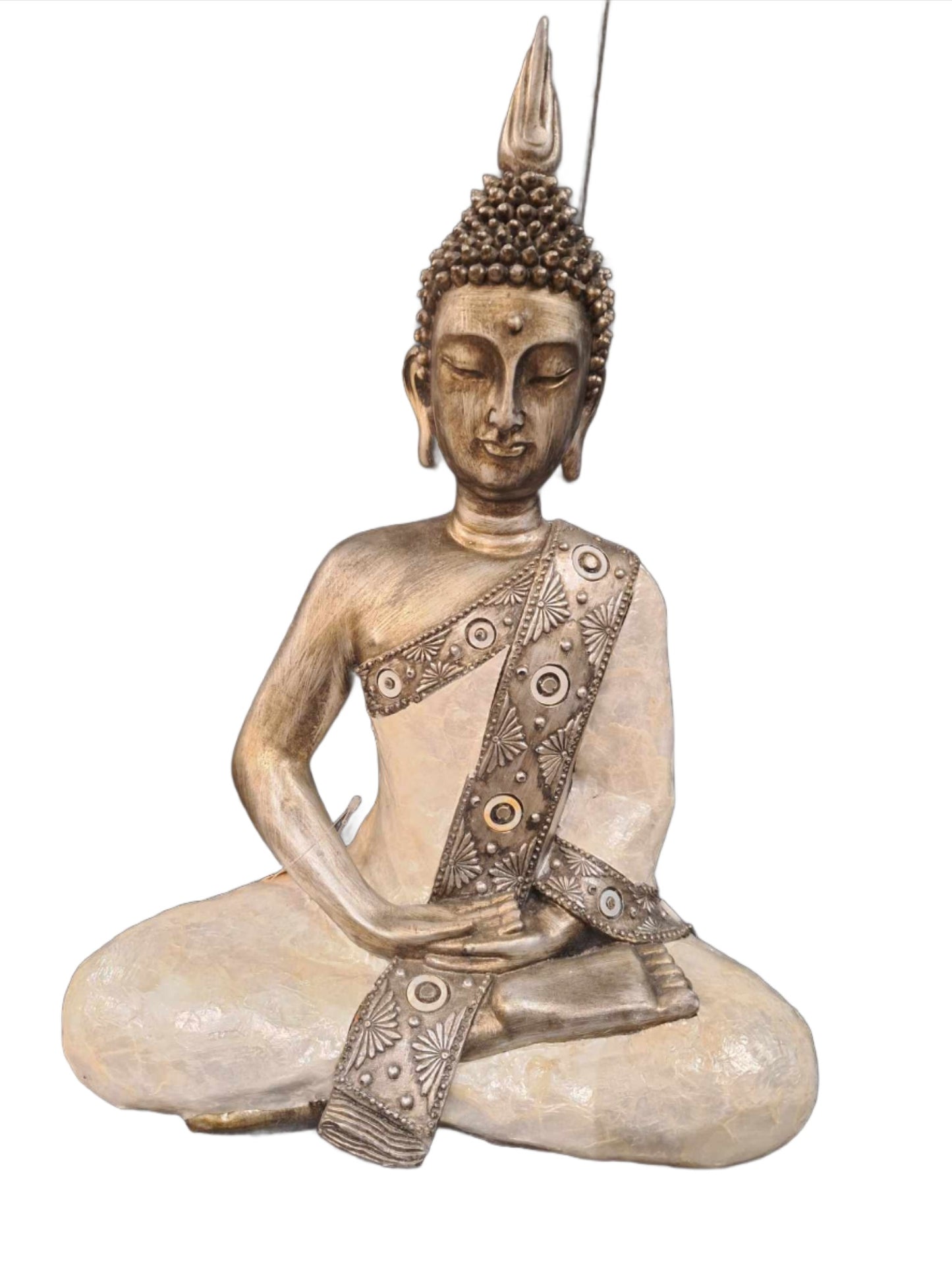 Stytta | Buddha, silfur og hvít, (Thai Buddha mother of pearl) hæð: 40 cm.