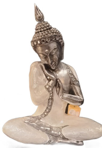 Stytta| Buddha, silfur og hvít, (Mother of pearl sleeping Buddha) Hæð 31 cm.