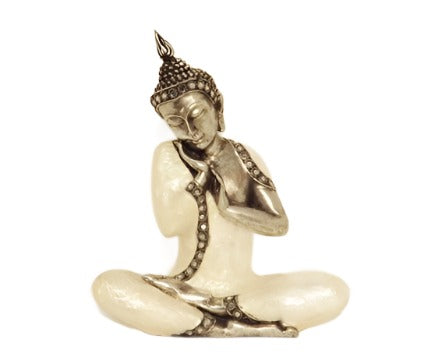 Stytta| Buddha, silfur og hvít, (Mother of pearl sleeping Buddha) Hæð 31 cm.