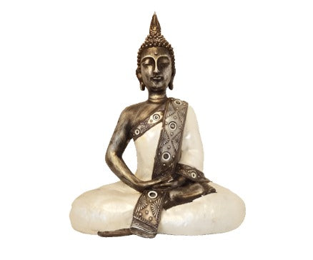 Stytta | Buddha, silfur og hvít, (Thai Buddha mother of pearl) hæð: 40 cm.